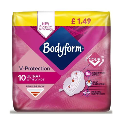 BODYFORM V-PROTECTION ULTRA LONG WITH WINGS REGULAR FLOW SANITARY TOWELS (10 PACK)