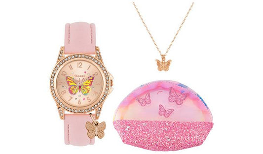 Tikkers Kids Pink Butterfly Watch, Bracelet, Purse Gift Set